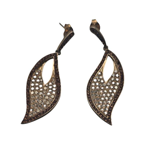 Champagne & Brown Rhinestone Leaf Drop Dangle 925 Earrings - Modern Elegance